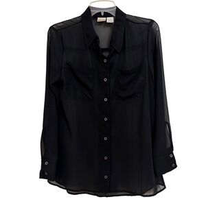 Y2K Mudd Women's Black Sheer Button-Down Blouse Long Sleeve High Low Top M EUC